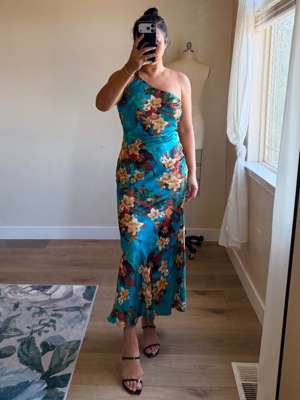 Miss Lola Floral Midi Dress | Teal Satin One Shoulder | Backless Party Dress | M